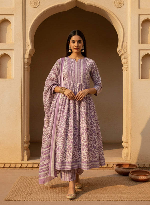 Stylum Women's Purple Floral Printed Cotton Anarkali Kurta Pant Dupatta Set (KPDTIAGOPURPLE)