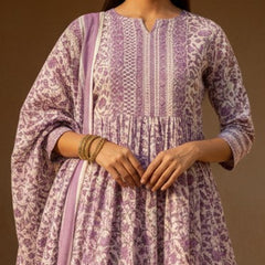 Stylum Women's Purple Floral Printed Cotton Anarkali Kurta Pant Dupatta Set (KPDTIAGOPURPLE)
