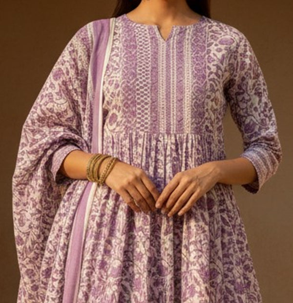Stylum Women's Purple Floral Printed Cotton Anarkali Kurta Pant Dupatta Set (KPDTIAGOPURPLE)