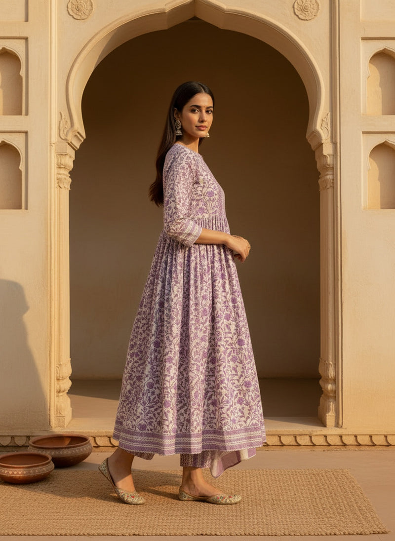 Stylum Women's Purple Floral Printed Cotton Anarkali Kurta Pant Dupatta Set (KPDTIAGOPURPLE)