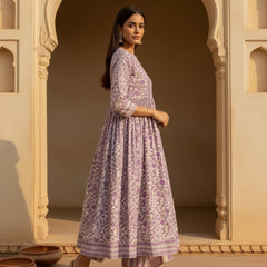 Stylum Women's Purple Floral Printed Cotton Anarkali Kurta Pant Dupatta Set (KPDTIAGOPURPLE)