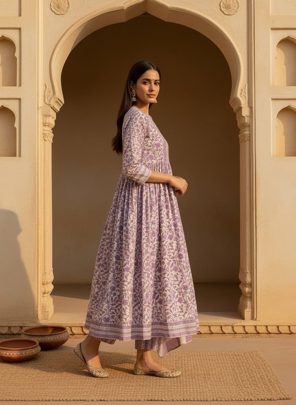 Stylum Women's Purple Floral Printed Cotton Anarkali Kurta Pant Dupatta Set (KPDTIAGOPURPLE)
