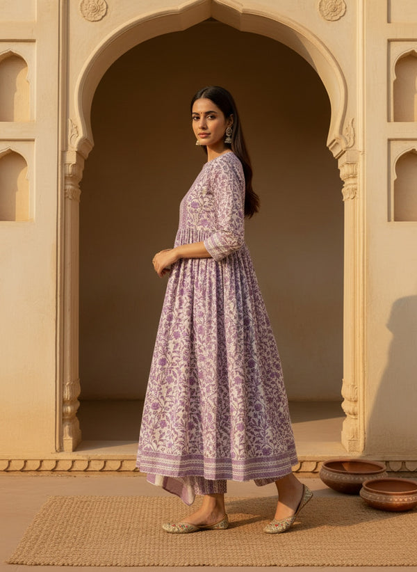 Stylum Women's Purple Floral Printed Cotton Anarkali Kurta Pant Dupatta Set (KPDTIAGOPURPLE)