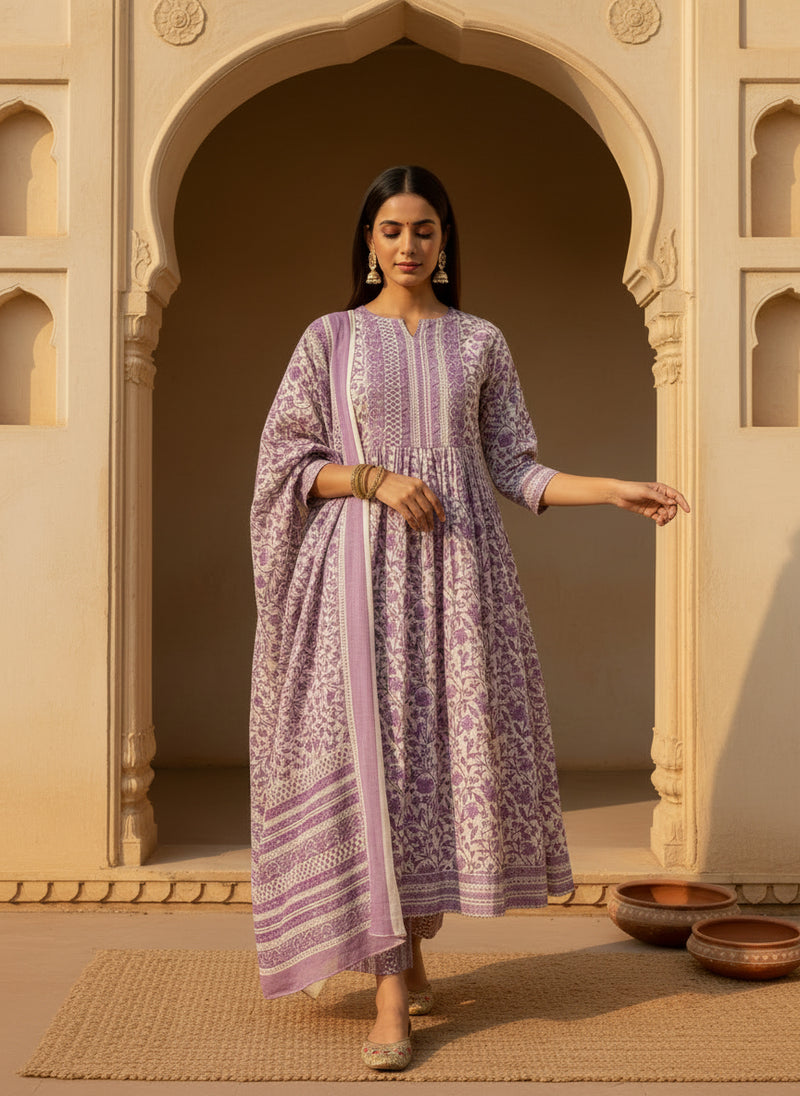Stylum Women's Purple Floral Printed Cotton Anarkali Kurta Pant Dupatta Set (KPDTIAGOPURPLE)