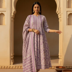 Stylum Women's Purple Floral Printed Cotton Anarkali Kurta Pant Dupatta Set (KPDTIAGOPURPLE)
