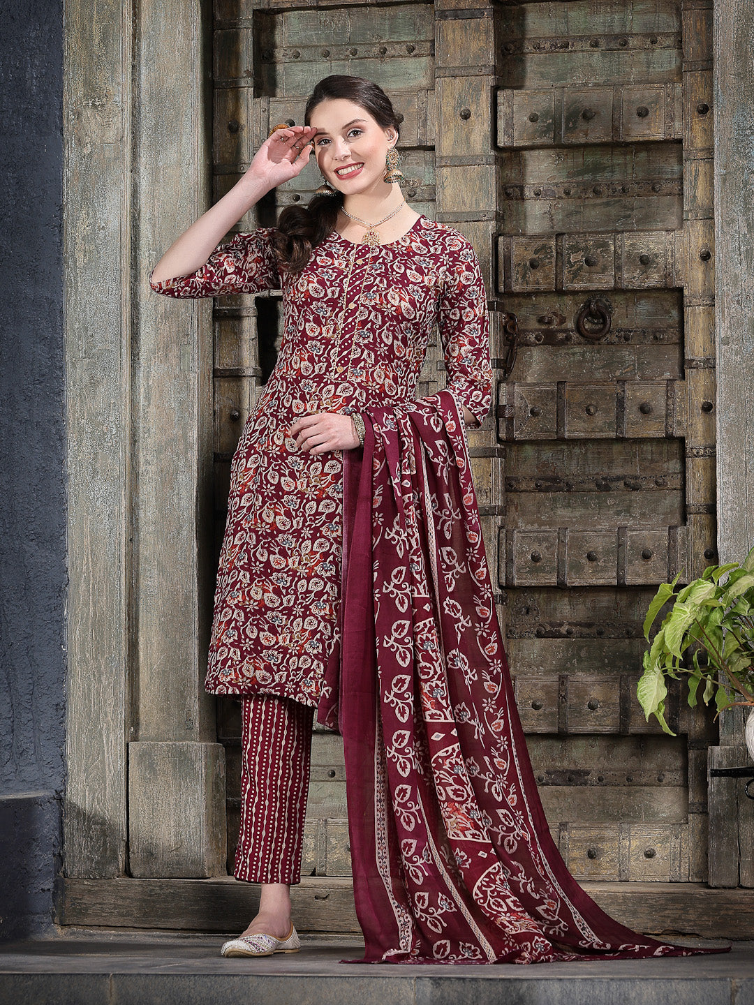 Stylum Women's Floral Printed Cotton Blend Straight Kurta Pant Dupatta Set (KPDTIGERMAROON)