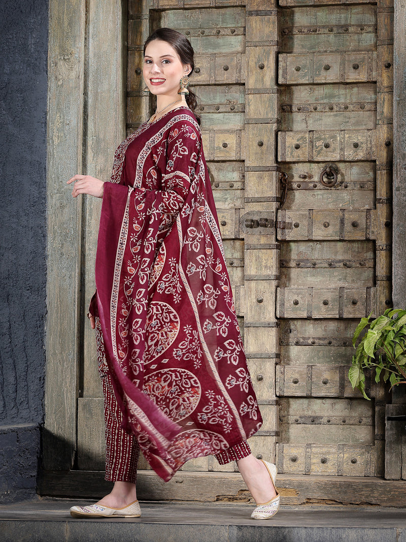 Stylum Women's Floral Printed Cotton Blend Straight Kurta Pant Dupatta Set (KPDTIGERMAROON)