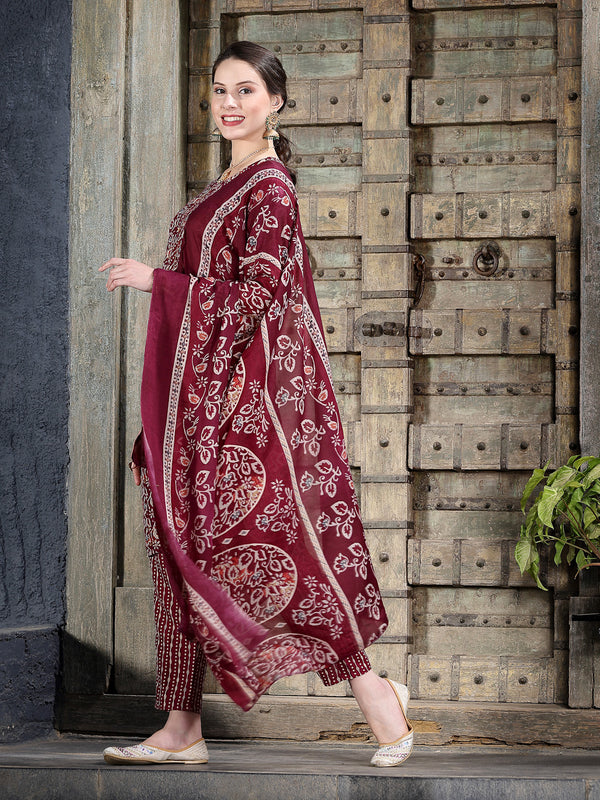 Stylum Women's Floral Printed Cotton Blend Straight Kurta Pant Dupatta Set (KPDTIGERMAROON)