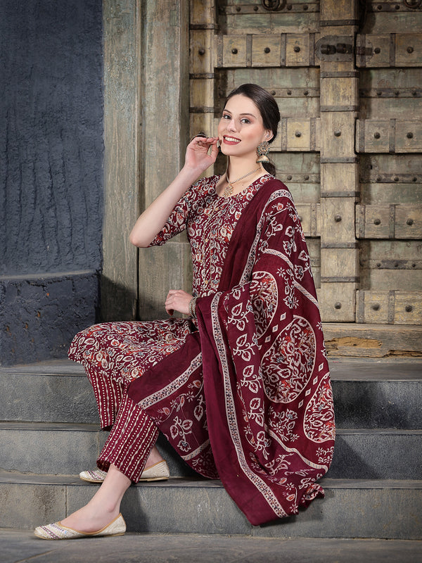 Stylum Women's Floral Printed Cotton Blend Straight Kurta Pant Dupatta Set (KPDTIGERMAROON)
