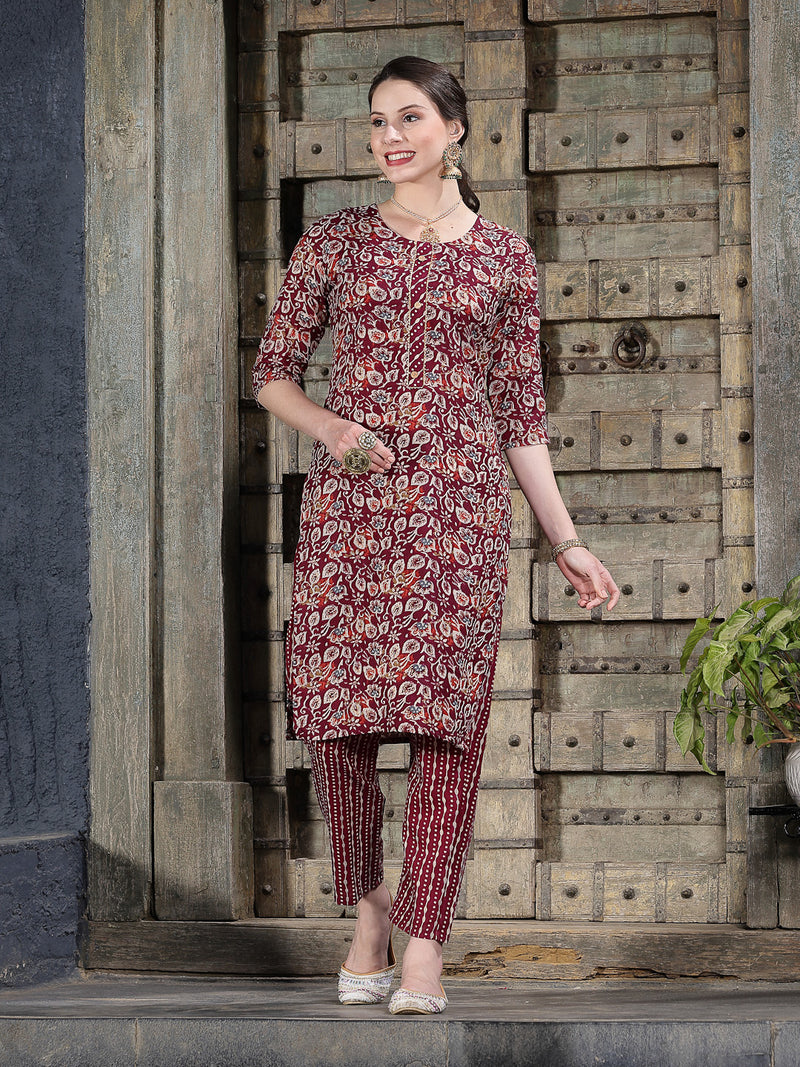 Stylum Women's Floral Printed Cotton Blend Straight Kurta Pant Dupatta Set (KPDTIGERMAROON)