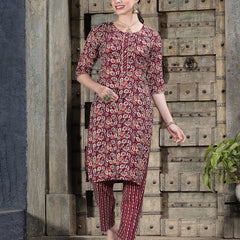 Stylum Women's Floral Printed Cotton Blend Straight Kurta Pant Dupatta Set (KPDTIGERMAROON)