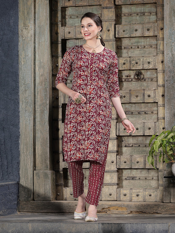 Stylum Women's Floral Printed Cotton Blend Straight Kurta Pant Dupatta Set (KPDTIGERMAROON)