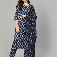 Stylum Women's Printed Rayon Kurta Pant Dupatta Set (KPDTUFFYNAVY)