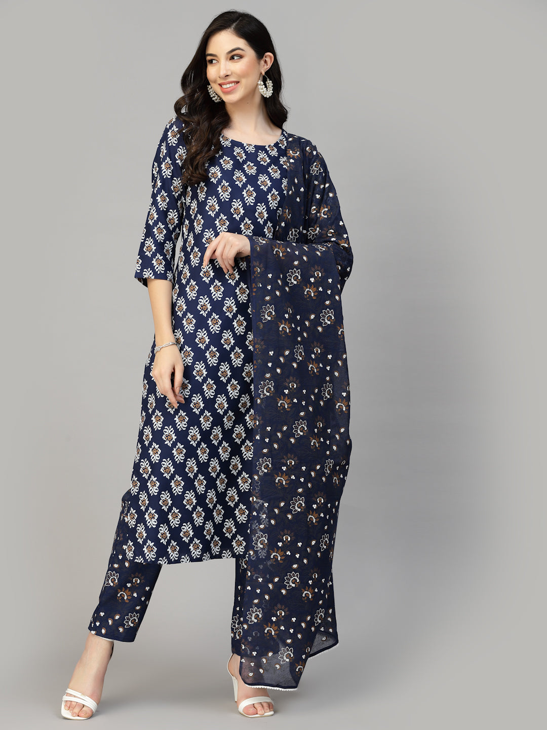 Stylum Women's Printed Rayon Kurta Pant Dupatta Set (KPDTUFFYNAVY)