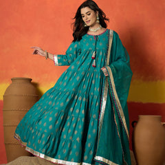 Stylum Women's Turquoise Block Gold Printed Pure Cotton Anarkali Kurta Pant Dupatta Set (KPDTURQCARTEL)