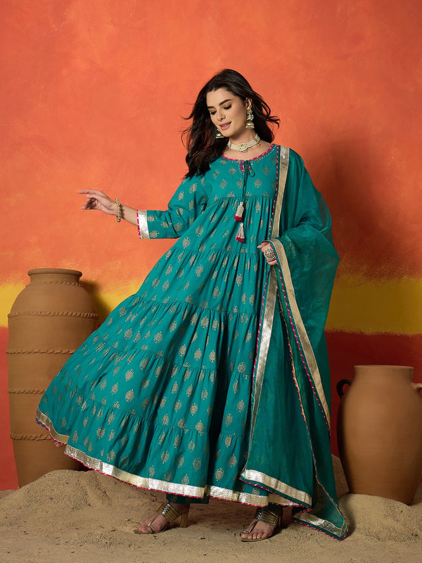 Stylum Women's Turquoise Block Gold Printed Pure Cotton Anarkali Kurta Pant Dupatta Set (KPDTURQCARTEL)