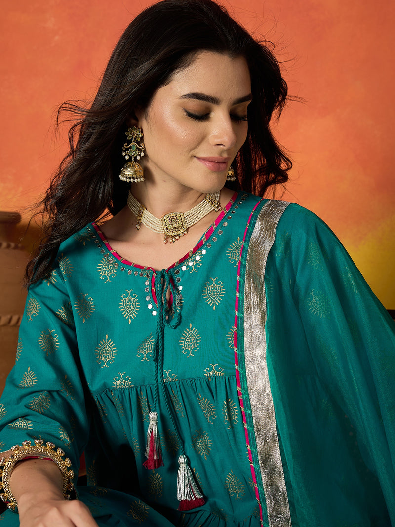 Stylum Women's Turquoise Block Gold Printed Pure Cotton Anarkali Kurta Pant Dupatta Set (KPDTURQCARTEL)