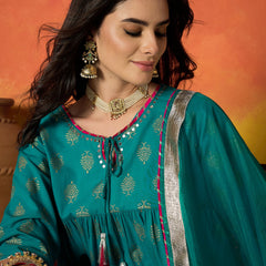 Stylum Women's Turquoise Block Gold Printed Pure Cotton Anarkali Kurta Pant Dupatta Set (KPDTURQCARTEL)