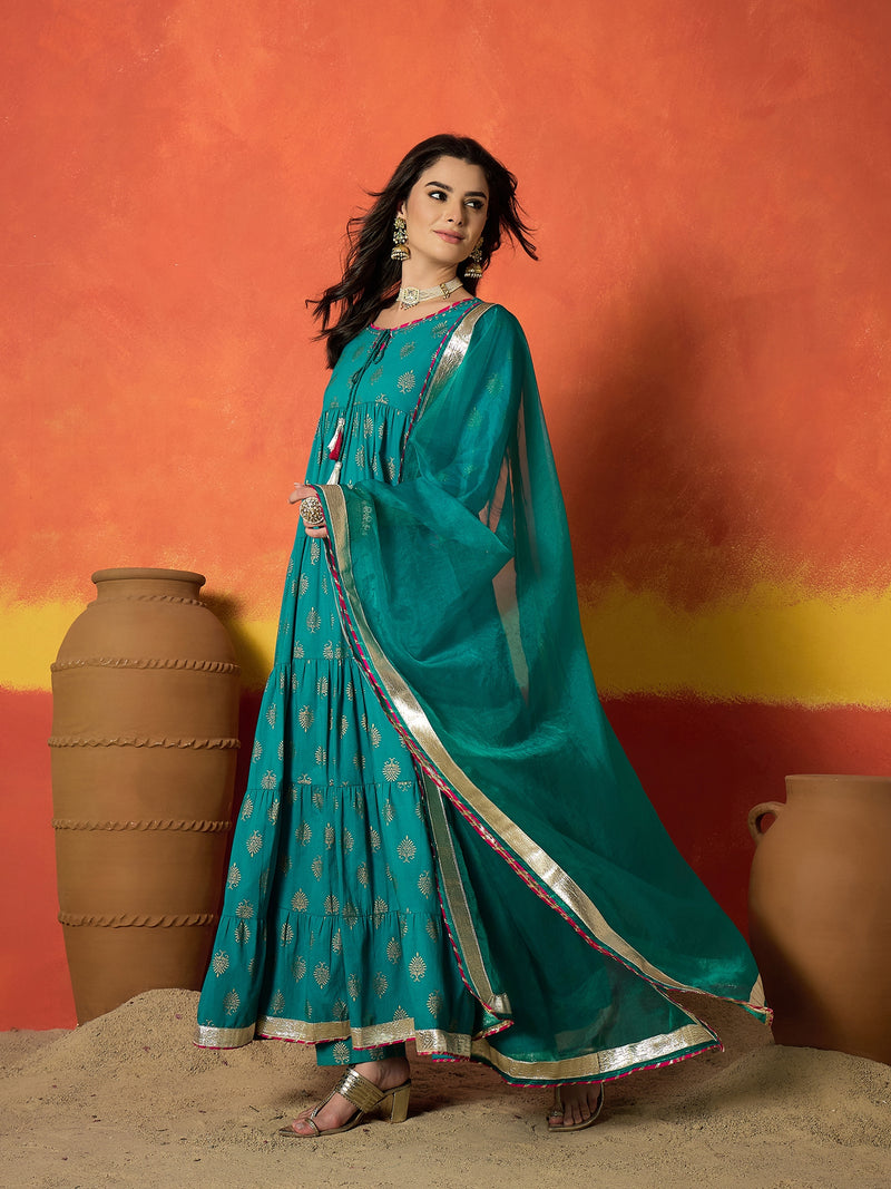 Stylum Women's Turquoise Block Gold Printed Pure Cotton Anarkali Kurta Pant Dupatta Set (KPDTURQCARTEL)