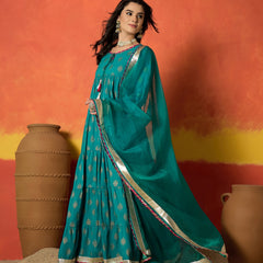 Stylum Women's Turquoise Block Gold Printed Pure Cotton Anarkali Kurta Pant Dupatta Set (KPDTURQCARTEL)