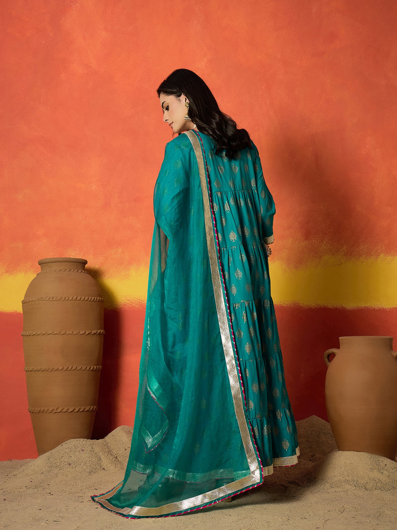 Stylum Women's Turquoise Block Gold Printed Pure Cotton Anarkali Kurta Pant Dupatta Set (KPDTURQCARTEL)