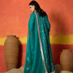 Stylum Women's Turquoise Block Gold Printed Pure Cotton Anarkali Kurta Pant Dupatta Set (KPDTURQCARTEL)