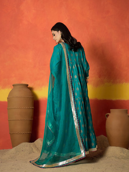 Stylum Women's Turquoise Block Gold Printed Pure Cotton Anarkali Kurta Pant Dupatta Set (KPDTURQCARTEL)