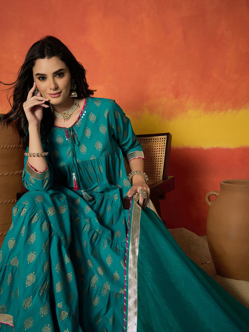 Stylum Women's Turquoise Block Gold Printed Pure Cotton Anarkali Kurta Pant Dupatta Set (KPDTURQCARTEL)