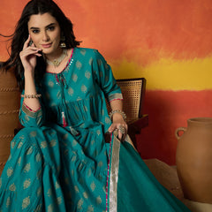 Stylum Women's Turquoise Block Gold Printed Pure Cotton Anarkali Kurta Pant Dupatta Set (KPDTURQCARTEL)