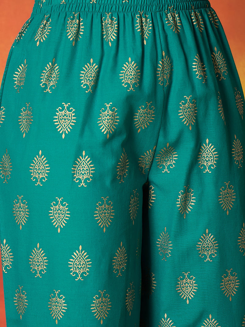 Stylum Women's Turquoise Block Gold Printed Pure Cotton Anarkali Kurta Pant Dupatta Set (KPDTURQCARTEL)