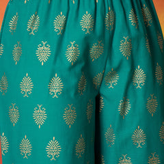 Stylum Women's Turquoise Block Gold Printed Pure Cotton Anarkali Kurta Pant Dupatta Set (KPDTURQCARTEL)