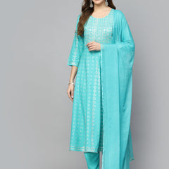 Stylum Women's Printed Rayon Embroidered Anarkali Kurta Pant Dupatta Set (KPDTURQCHAMKI)