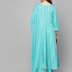 Stylum Women's Printed Rayon Embroidered Anarkali Kurta Pant Dupatta Set (KPDTURQCHAMKI)