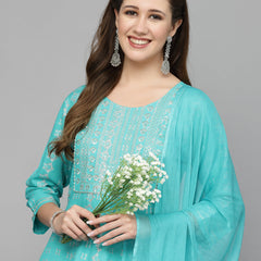 Stylum Women's Printed Rayon Embroidered Anarkali Kurta Pant Dupatta Set (KPDTURQCHAMKI)