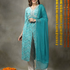 Stylum Women's Lehriya Printed & Embroidered Cotton Alia Cut Kurta Pant Dupatta Set (KPDTURQGAZAL)