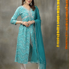 Stylum Women's Lehriya Printed & Embroidered Cotton Alia Cut Kurta Pant Dupatta Set (KPDTURQGAZAL)