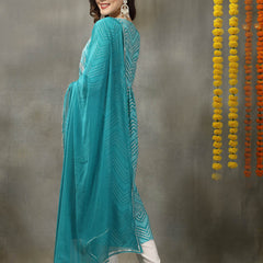 Stylum Women's Lehriya Printed & Embroidered Cotton Alia Cut Kurta Pant Dupatta Set (KPDTURQGAZAL)