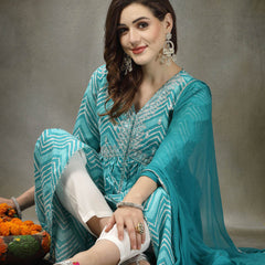 Stylum Women's Lehriya Printed & Embroidered Cotton Alia Cut Kurta Pant Dupatta Set (KPDTURQGAZAL)