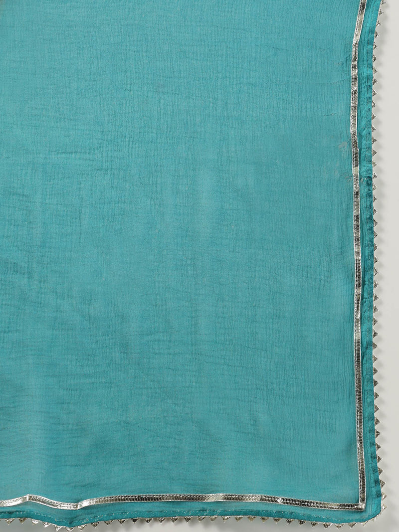 Stylum Women's Lehriya Printed & Embroidered Cotton Alia Cut Kurta Pant Dupatta Set (KPDTURQGAZAL)