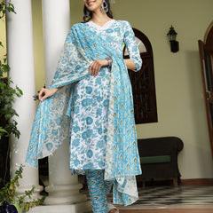 Stylum Women's Turquoise Floral Printed Cotton A-Line Kurta Pant Dupatta Set (KPDTURQGULZAR)