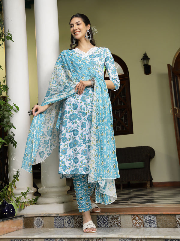 Stylum Women's Turquoise Floral Printed Cotton A-Line Kurta Pant Dupatta Set (KPDTURQGULZAR)
