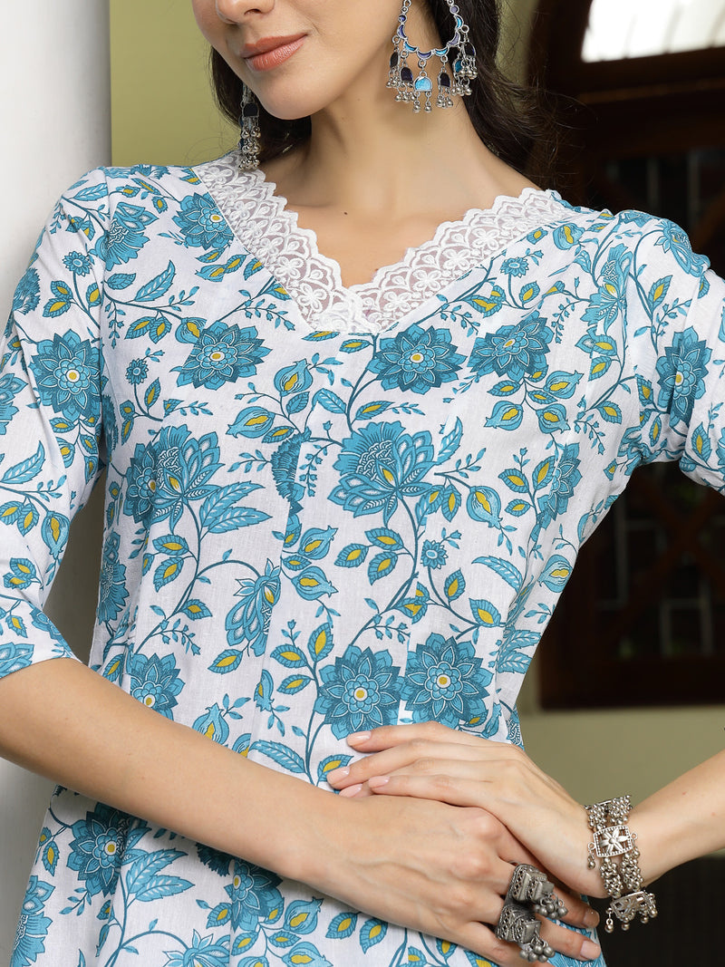 Stylum Women's Turquoise Floral Printed Cotton A-Line Kurta Pant Dupatta Set (KPDTURQGULZAR)