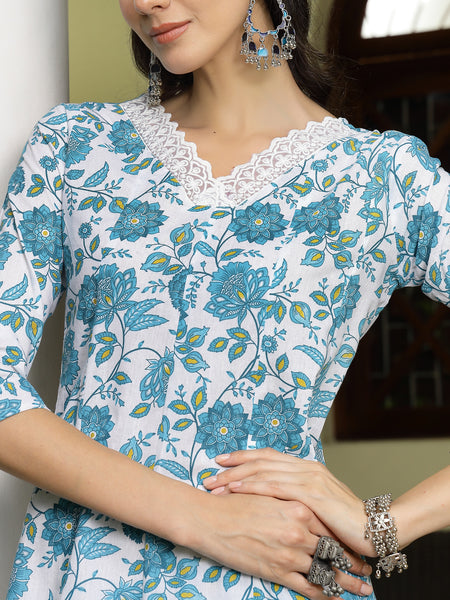 Stylum Women's Turquoise Floral Printed Cotton A-Line Kurta Pant Dupatta Set (KPDTURQGULZAR)