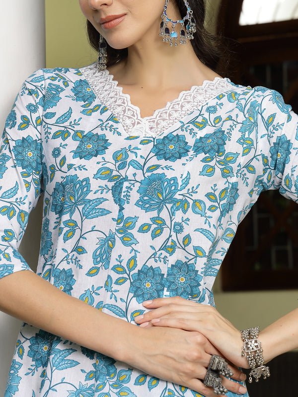 Stylum Women's Turquoise Floral Printed Cotton A-Line Kurta Pant Dupatta Set (KPDTURQGULZAR)