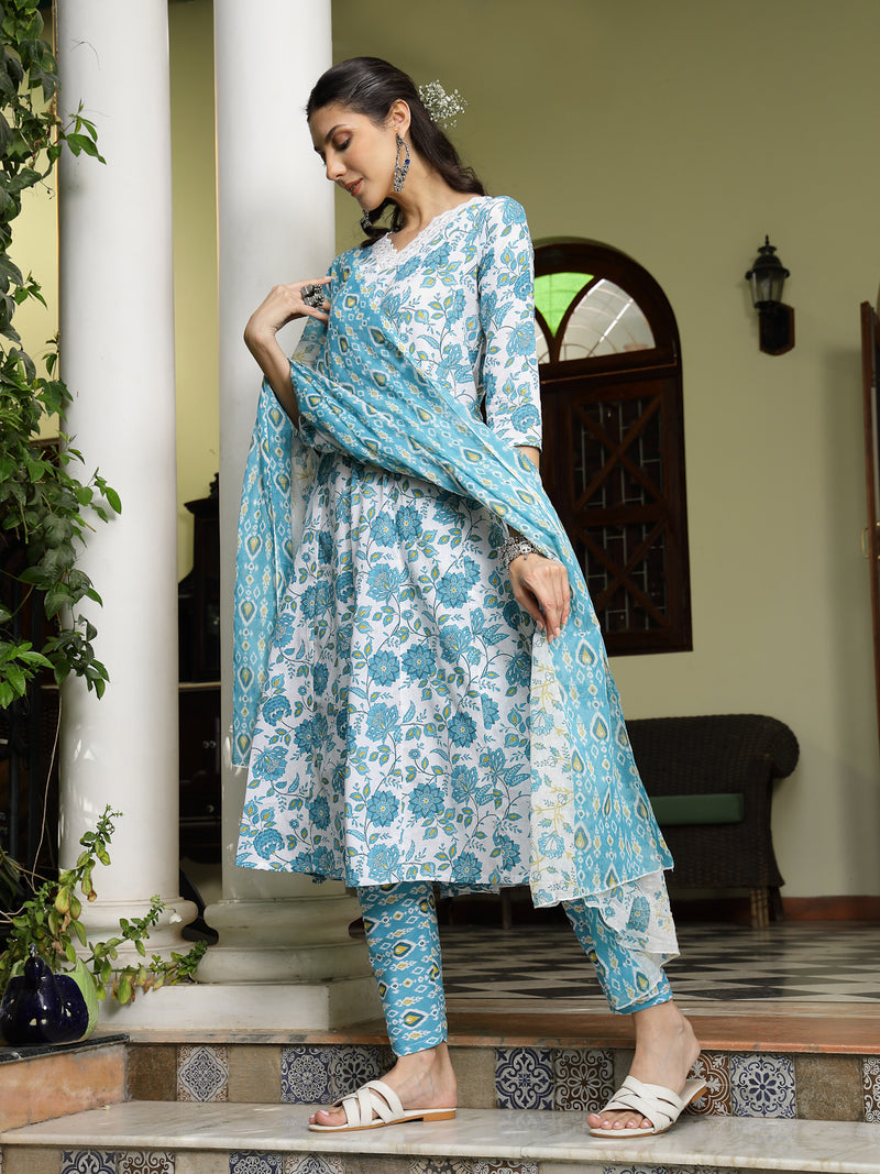 Stylum Women's Turquoise Floral Printed Cotton A-Line Kurta Pant Dupatta Set (KPDTURQGULZAR)