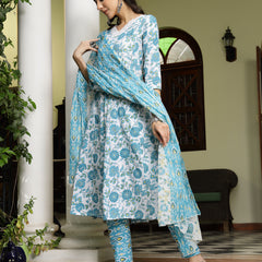 Stylum Women's Turquoise Floral Printed Cotton A-Line Kurta Pant Dupatta Set (KPDTURQGULZAR)
