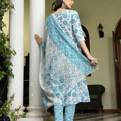 Stylum Women's Turquoise Floral Printed Cotton A-Line Kurta Pant Dupatta Set (KPDTURQGULZAR)