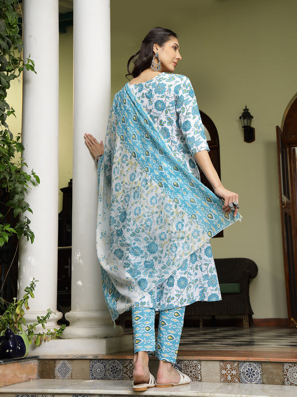 Stylum Women's Turquoise Floral Printed Cotton A-Line Kurta Pant Dupatta Set (KPDTURQGULZAR)
