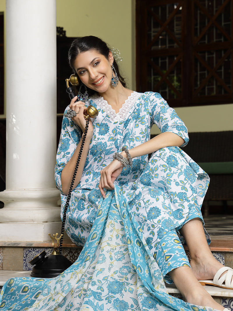 Stylum Women's Turquoise Floral Printed Cotton A-Line Kurta Pant Dupatta Set (KPDTURQGULZAR)