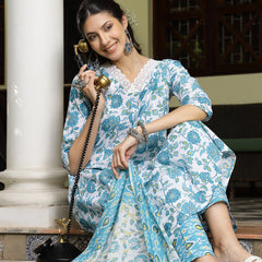 Stylum Women's Turquoise Floral Printed Cotton A-Line Kurta Pant Dupatta Set (KPDTURQGULZAR)